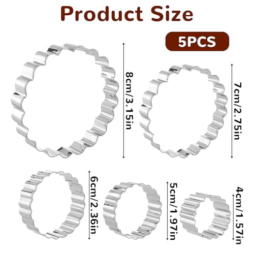 5 Pce Fluted Round Cookie Cutter Set, Circle Shaped Geometric Circle Cookie Cutter for Kitchen Baking, Donut Cutter Ring Scalloped Edge Wavy, Stainless Steel, (1.6", 2", 2.4", 2.8", 3.1")