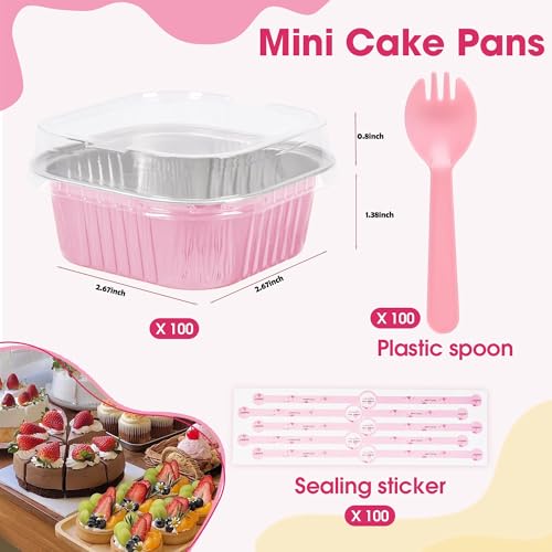 100 Pcs Mini Cake Pans with Lids, 5oz Square Aluminum Foil Brownie Baking Cups, Dessert Cupcake Cups with lids, Disposable Loaf Pans Cupcake for Wedding Birthday Party (Pink) - color: Pink, size: 5 OZ