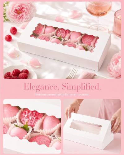 qiqee Auto-pop up Cookie Box with Window 12x5.5x2.5 Inch White 50Pcs Pastry Macaron Bakery Pie Box for Packaging - color: 12x5.5x2.5, 50Pcs, White