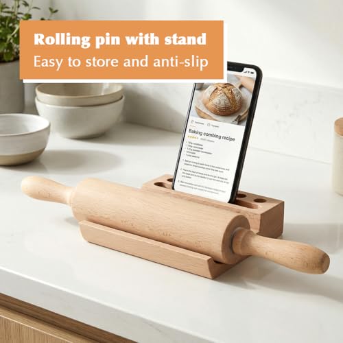 Rolling Pin Set for Baking, Wooden Dough Roller with a 24×16 Inch Silicone Mat and Stand, Kitchen Pastry Baking Accessories for Pie Crust, Cookies, Pizza Dough and Bread