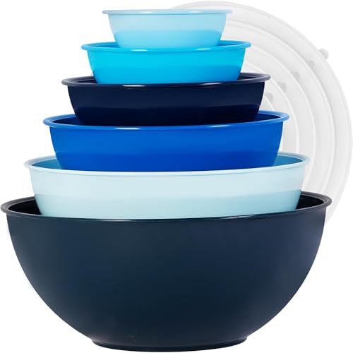BoxedHome BPA Free Plastic Round Mixing Bowl with Lids, 12 Pack Nesting Bowls with Lids Set, Microwave and Dishwasher Safe Prep & Serving Bowls Great for Mixing, Baking, Serving (Blue, 12pcs) - color: Blue