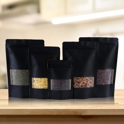 100 PCS Resealable Bags, Stand Up Kraft Paper Bags with Matte Window, Zipper Lock Food Storage Bags for Small Business and Home, 7.8x11.8 Inch Reusable Sealable Bags for Packaging - Black - color: Black,7.87*11.81 inches