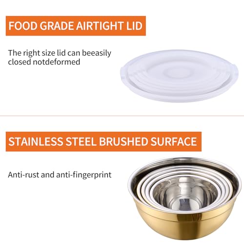 Gold Mixing Bowls with Airtight Lids, Stainless Steel Nesting Mixing Bowls Set of 5, Ideal for Baking, Prepping and Serving Food, Size 5.5, 3.6, 2.7, 2.1, 1.5, QT, Stackable Design - color: Gold, size: 5 Pieces