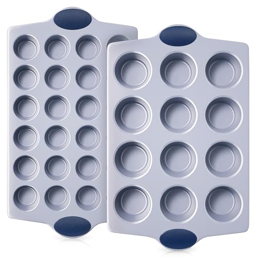 BRONYPRO 2-Pack 12 Cup and Mini 24 Cup Non Toxic Nonstick Ceramic Muffin Pan & Cupcake Tin, PFOA & PTFE Free, Heavy Duty Rust-Resistant Aluminized Steel, Oven Safe, Blue - color: Blue, size: 12+24 Cup Muffin Pan (2 pack)