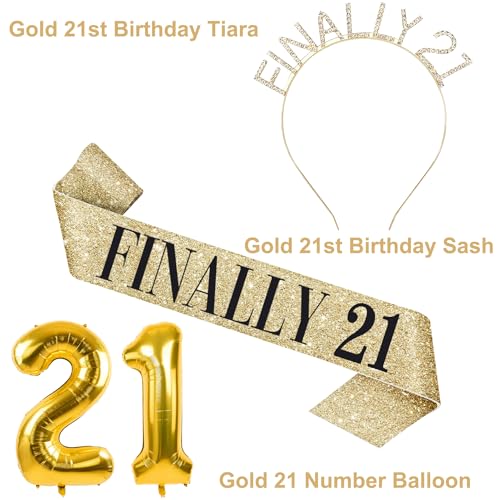 21st Birthday Decorations for Her Include 21st Birthday Sash and Rhinestone Finally 21 Headband, Candles and Cake Topper, 21 Year Old Gifts for Her - style: TJ21
