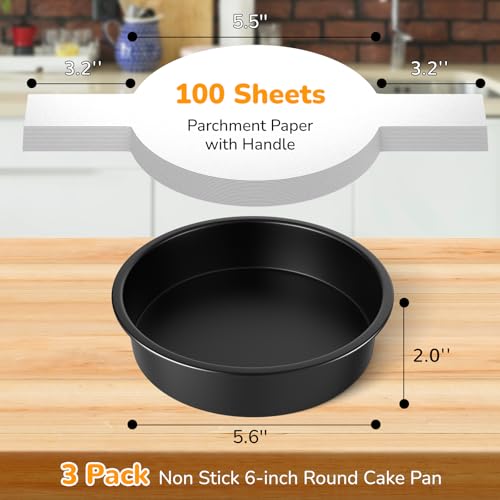 6 Inch Round Cake Pan Set of 3, Nonstick Baking Pans with 100PCS Parchment Paper, Dishwasher Safe - size: 6 Inch