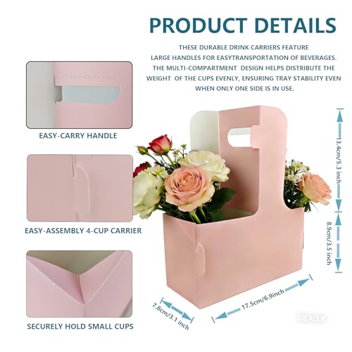 15 Pack Pink 2 Cup Drink Carrier with Handle, Disposable Cardboard Coffee Cup Holder for Hot or Cold Drinks, Coffee Carrier with Ribbon & Card for Food Delivery, Takeout and Bouquet Arrangement - size: 15