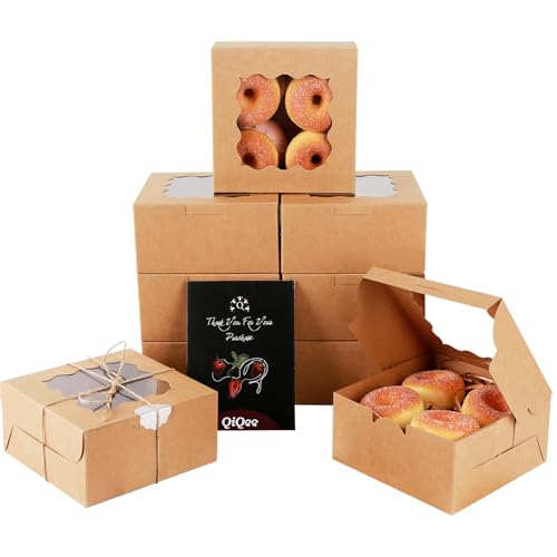 qiqee Kraft Cookie Boxes with Window 60packs 6x6x3 Brown Bakery Box Kraft Paper Boxes for Cookie, Pastry, Cupcake, Pie, Donut - color: Brown, size: 6x6x3"/60packs