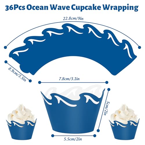 FYSUIMU 36Pcs Ocean Wave Cupcake Wrappers Gradient Blue Sea Wave Cupcake Liners Decorative Dessert Holders for Summer Ocean Party Cake Decoration