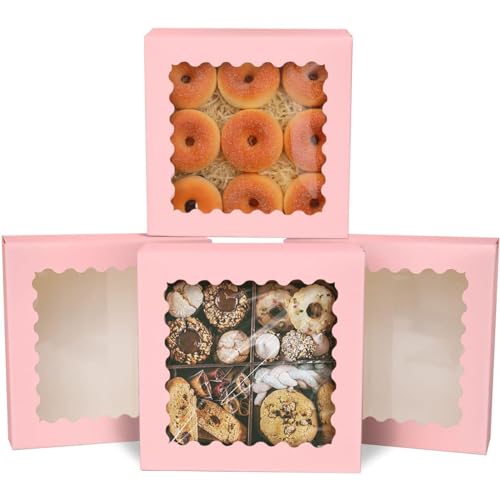 qiqee Auto-pop up Pink Pie Boxes with Window 10x10x2.5 inch 30Packs Cookie Donut Bakery Box - color: Pink, size: 10"x10"x2.5"/30 Pcs