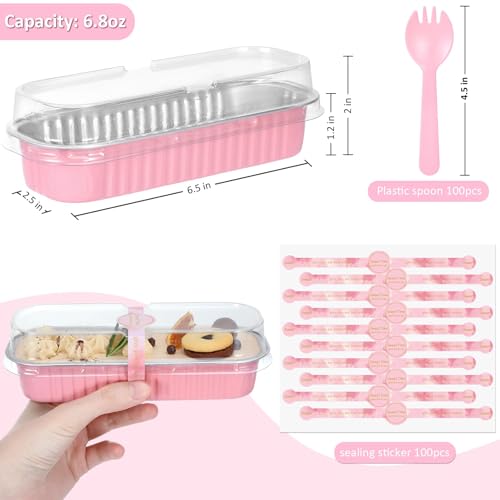 Mini Loaf Pans with Lids and Spoons (100 Pack, Pink, 6.8oz) Rectangular Aluminum Foil Baking Pans - color: Pink