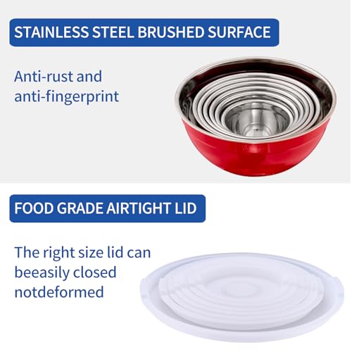 Red Mixing Bowls with Airtight Lids, Stainless Steel Nesting Mixing Bowls Set of 7, Ideal for Baking, Prepping and Serving Food, Size 7, 3.6, 2.7, 2.1, 1.5, 1.1,0.8 QT, Stackable Design - color: Red, size: 7 Pieces