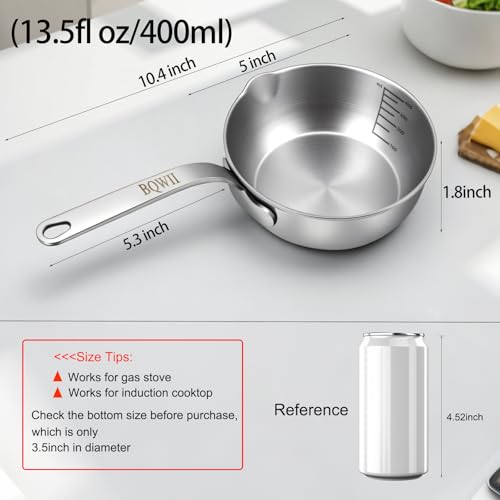 18/10 Stainless Steel Butter Warmer, 13.5 fl oz (400ml), Ideal for Heating Milk, Butter, Sauces, Baby Food, Coffee, Chocolate, Egg Pan, Compatible with Induction & Gas Stovetops