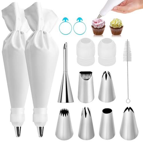 14-Piece Reusable Piping Bags and Tips Set with Stainless Steel Nozzles - size: 14