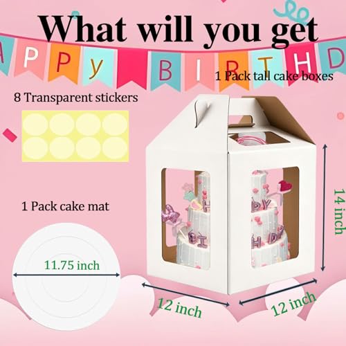 Cake Boxes - 1 Pack Tall Cake Box 12x12x14 Inch, 6 Windows - color: 12X12X14-1 Pack-White