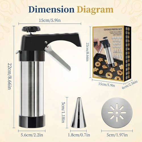 Cookie Press Kit, Stainless Steel Cookie Gun with 13 Discs & 8 Nozzles, Effortless Cookie Maker and Frosting Decorating Tool for Bakers