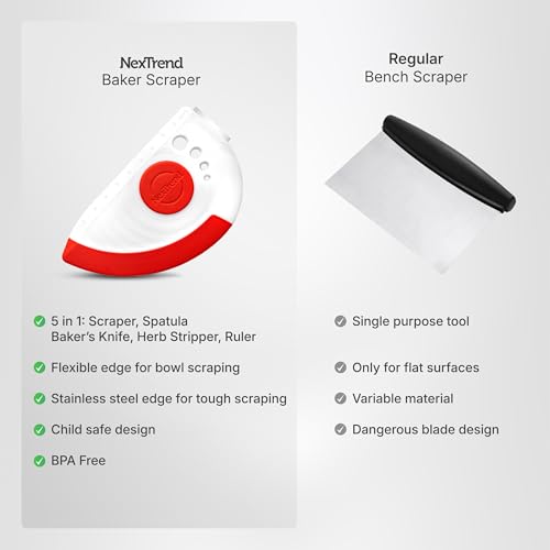 NexTrend red 5-in-1 flexible dough and bowl scraper with stainless-steel edge and integrated ruler - color: Red
