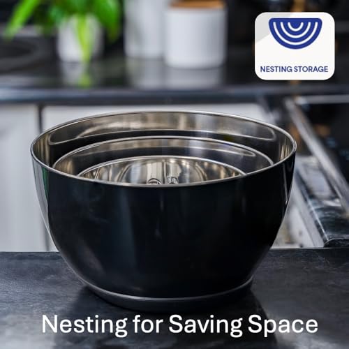 WHYSKO Stainless Steel Mixing Bowls Set, 3-Piece with Silicone Base - color: Black