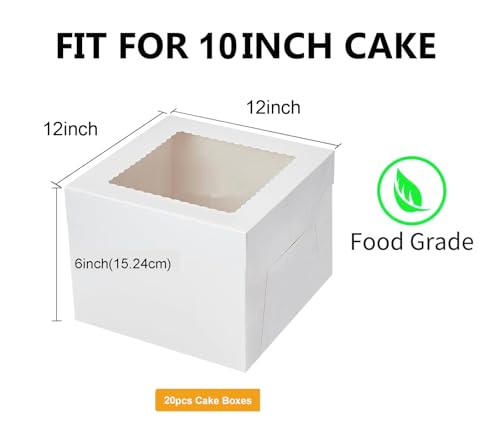 20Pack 12x12x6 Cake Boxes with Window, Sturdy White Cake Boxes for Transporting & Gifting, Easy to Assemble, Perfect for Desserts, and Crocheted Items, Fathers day - size: 12x12x6