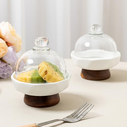 Ceramic Mini Round Cake Stands, 3.9 x 3.9 x 4.3 in, Pair with White Plates, Clear Glass Domes and Acacia Wood Pedestal Bases, Covered Dessert Displays, for Wedding Parties, Birthdays and Afternoon Tea - color: 2 Sets 4 inch Mini ceramicGlass Dessert Dome