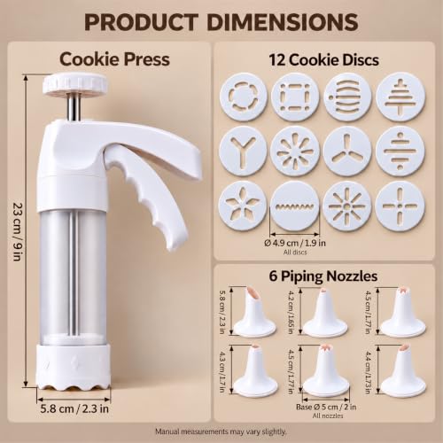 Spritz Cookie Press Gun Kit, Clear Barrel Cookie Maker with 12 Discs & 6 Icing Tips, Manual Cookie Press for Baking, Biscuit Maker & Cake Decorating Tool