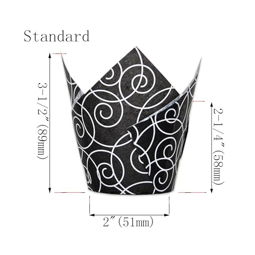 QLSmypkg Muffin Greaseproof paper Baking cupcake cups, 2"(Bottom diameter) x 3-1/2"(Height) Black Fancy Floral Print Tulip Baking Cup Case of 125 pcs (125, Standard) - color: Black Fancy Floral Print