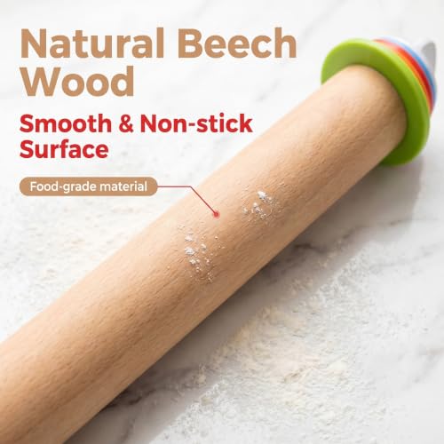 Wood Rolling Pin with Thickness Rings, 17"Adjustable Wooden Rolling Pins for Baking, Dough Roller Pins for Cookie Pastry Tools Cake Baker, Fondant Roller for Decorating Bakery Supplies Kitchen Gadgets - size: 17inch+Wood