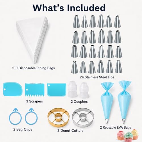 Cake Decorating Kit, 100 Piping Bags, 24 Tips, Donut Cutters
