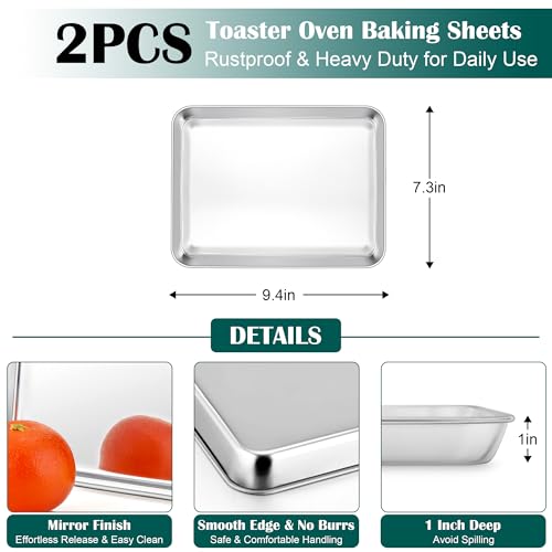 E-far Small Baking Sheet with Wire Rack (2 Pans + 2 Racks), Stainless Steel Cookie Sheets Trays & Cooling Rack for Toaster Oven, Non Toxic & Warp Resistant, Oven & Dishwasher Safe, 9.4 x 7.3 x 1 Inch - size: 9.4''x7.3''