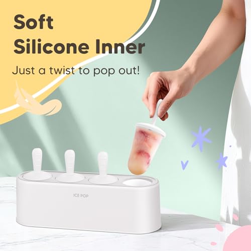 WYOK Popsicle Molds 4-Cavity Silicone Ice Pop Mold (White, IcyClassic Pops) - color: White