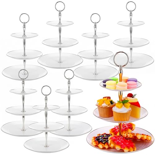 Teenyyou 8 Pack 3 Tier Plastic Cupcake Stand Bulk, Silver White, Round - color: Silver White, style: Round