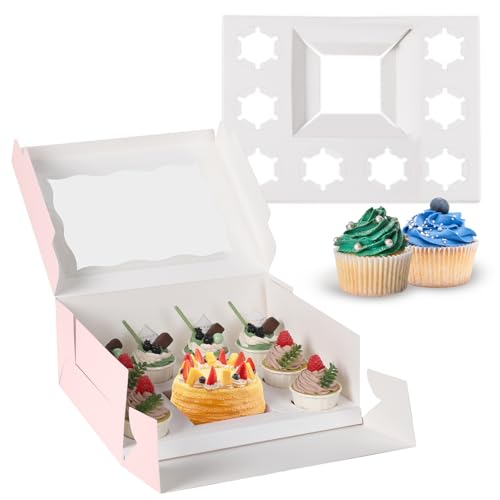 JCD 8 Packs Pink Bento Cake and Cupcake Box 1+8 Bento Box with Clear Window for 4-inch Cake and 8 Cupcakes Packaging Gift Baked Goods for Family Dinner Birthday Party Picnic Gift (Pink 1+8/8Pcs) - size: Pink 1+8/8Pcs