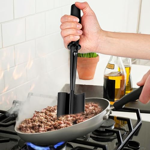 Upgrade Food Masher and Mixer - Non Stick Potato Masher Tool for Hamburger Meat, Ground Beef - Non Stick Mix Chopper - color: Black