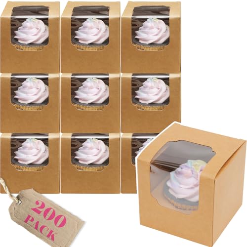 qiqee Brown Auto-pop up Cupcake Boxes Individual Cupcake 3.5x 3.5x 3.5inch 200pcs Single Cupcake Boxes - color: Brown, size: 200Pcs, 35Mini