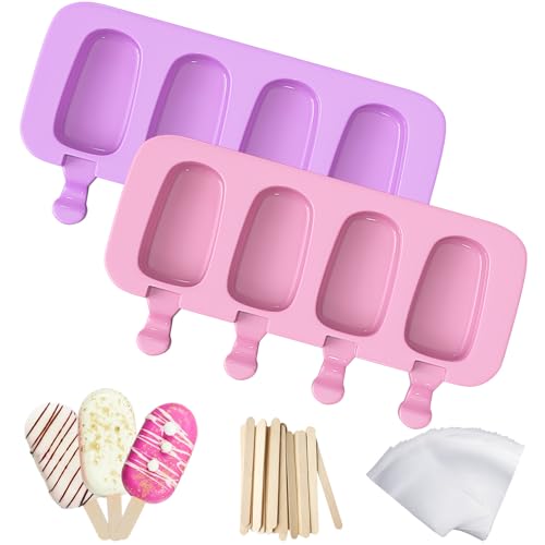 Ozera 2 Pack Popsicles Molds, Silicone Cake Pop Molds with Wooden Sticks - color: Purple and Pink