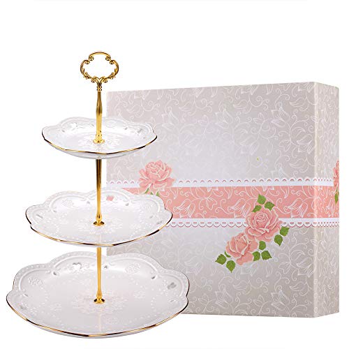 3-Tier Porcelain Embossed Cupcake Stand - Pure White Rimmed with Gold Dessert Cake Stand - Pastry Serving Tray Platter for Tea Party, Wedding and Birthday