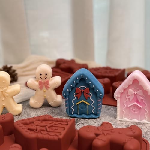 Christmas Silicone Molds For Baking Large Christmas Chocolate Mold 3D Shape Gingerbread Man Candy House Cake Molds for Soap Jello Chocolate Cake Madeleine Candle Resin Festival Home Decoration - color: brick red