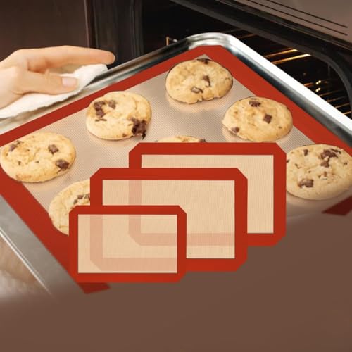 Silicone Baking Mat, 3 Pack Reusable Baking Mat, Non-Stick, Food Safe Silicone Mats for Baking, Oven Baking Sheet for Making Cookies, Macaroons, Bread（Red 0.7mm） - color: Red