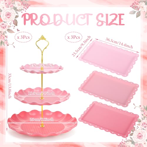 FoldTier 6 Pack Cupcake Stand Set 3 Pcs 3 Tier Gradient Dessert Table Display Stands Cookie Tray Rack 3 X14 in Rectangle Party Trays for Wedding Birthday Tea Party Baby Shower (Pink,Round) - color: Pink, style: Round