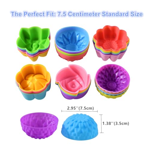 Reusable Silicone Baking Cups,Silicone Cupcake Liners for baking, Multi Flower Shapes Muffin Liners, Multicolor, Pack of 36