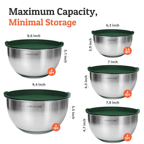 Priority Chef Premium Mixing Bowls With Airtight Lids Set, Thicker Stainless Steel Mixing Bowl Set, Large Prep Metal Bowls with Lids, Nesting Bowls for Kitchen, 1.5/2/3/4/5 Qrt, Green - color: Green