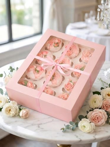 Bakepacker Auto-pop Up Cupcake Boxes with Window Pink 40PCS 12 Count - color: Pink, 40