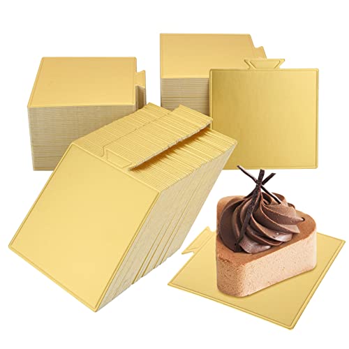 MNKNENG 200 Count Mini Cake Boards Square Gold Mousse Cake Base Square Cakes Boards 3.5 Inch Golden Cakes Board for Mousse Cupcake Dessert Displaying