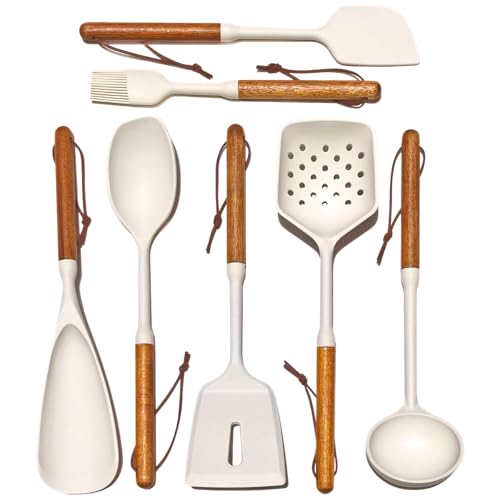 White Silicone Cooking Utensils Set, Kitchen Utensils Set 7 Pcs for cooking, Non-Toxic Spatula Set with Heat Resistant Wood Handles for Nonstick Cookware, (Cream White) - color: Cream White