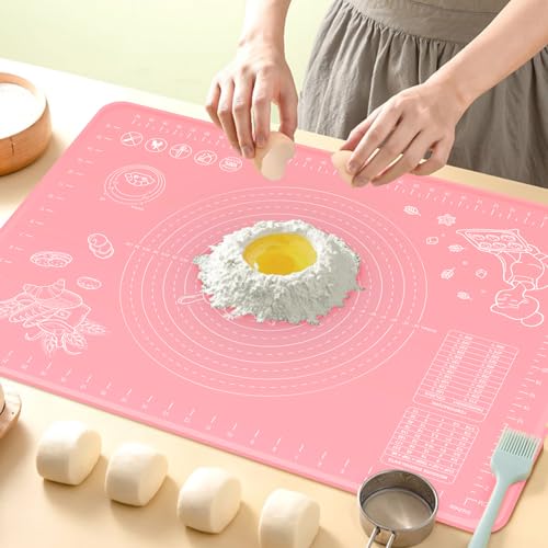 Silicone Pastry Mat 28" x 20" Extra Thick Non Stick Baking Mat with Measurements and Edge Heightening, Food Grade Silicone Rolling Mat for Pastry, Bread, Cookies, Pizza, Fondant, Pasta - Pink - color: Pink, size: 28"L x 20"W