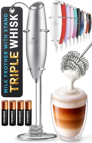 Zulay Kitchen Powerful Milk Frother Wand With Duracell Batteries - Ultra Fast Handheld Drink Mixer - Electric Whisk Foam Maker for Coffee, Lattes, Cappuccino & Matcha - Triple Whisk - Luminous Silver - color: 08 - Alpha Silver, size: Triple Whisk + Batter