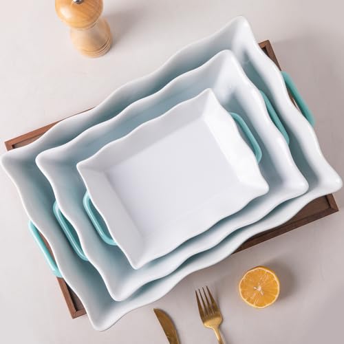 Sweejar Casserole Dishes for Oven, Ceramic Bakeware Set of 3, Rectangular Baking dish with Handles, Wave Edge Lasagna Pan Deep for Cooking, Cake, Dinner, Banquet and Daily Use (White) - color: White New, style: Baking dish(Set of 3)