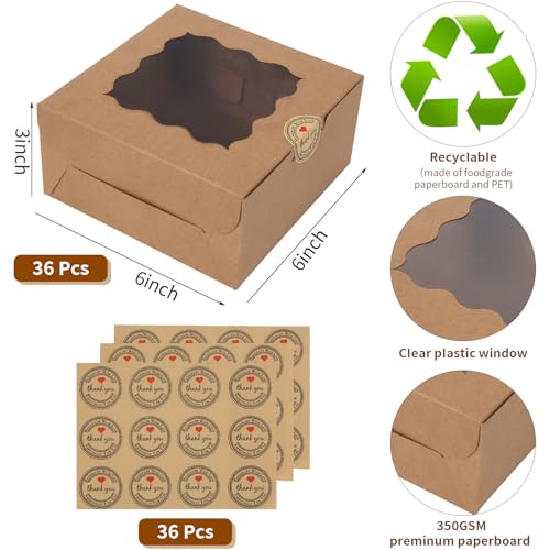 36 pcs 6x6x3 Inches Small Cake Box with Window, Bakery Pastry Cookie Boxes, Mini Pie for Pastry,Dessert,Strawberries,Chocolates, Cupcakes with paper stickers (Brown) - color: Brown/36pcs