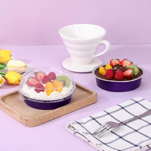 Beasea 4 Inch Pie Tins with Lids, 50 Pack 7.3 Oz Disposable Mini Tart Tins, Aluminum Foil Baking Tins Small Round Muffin Container Mini Cheesecake Cups for Pie Tart Quiche - Violet Purple - color: Violet Purple