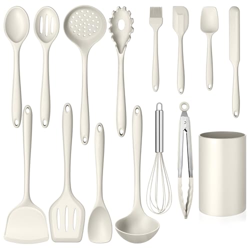 Homikit Kitchen Utensils Set, 15pcs Silicone Cooking Utensil with Holder - color: White